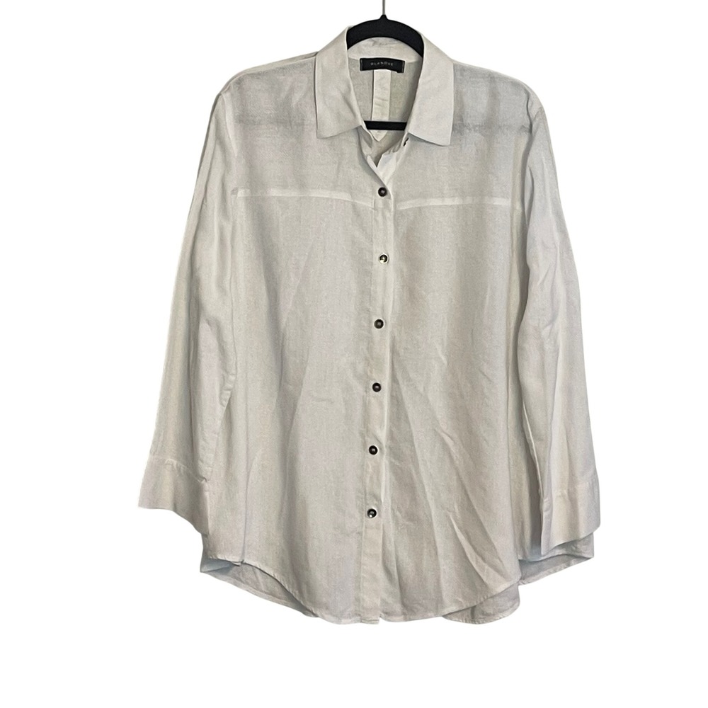 Blanque White Linen Blend Herringbone Oversized Button Down Shirt OS Made in USA